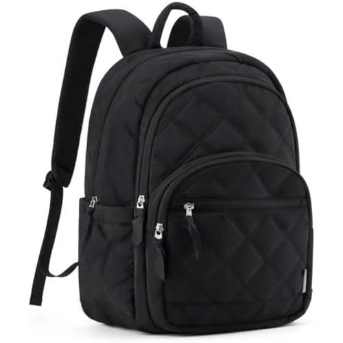 BAGSMART Travel Laptop Backpack, College Backpack for Women, Quilted Small Computer Bookbag, Water-Resistant 15.6 Inch Laptop Casual Bag, Black