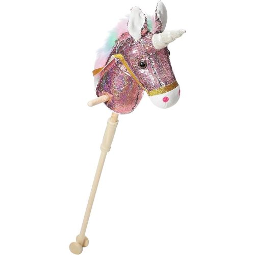 HollyHOME Sequin Unicorn Stick Horse Handcrafted Hobby Horse on a Stick with Wood Wheels Real Pony Neighing and Galloping Sounds Plush Unicorn Toy Pink 36 Inches(AA Batteries Required)