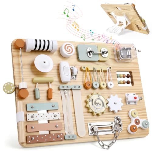 Wooden Montessori Busy Board Toys for Baby Toddler | 20-in-1 Sensory Activity Board, for Autism & ADHD, Fine Motor Skills, with Stand