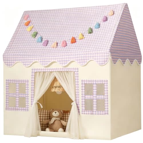 Kids Play Tent Indoor: Mat, Tassel Garland - Purple Checkered Girls Tent Playhouse Kids Toys for Boy Girl Birthday Gift