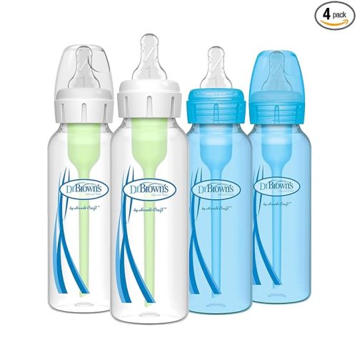 Dr. Brown’s Natural Flow® Anti-Colic Options+™ Narrow Baby Bottles, 8 oz/250ml, with Level 1 Slow Flow Nipple, 4 Pack, Blue/Clear