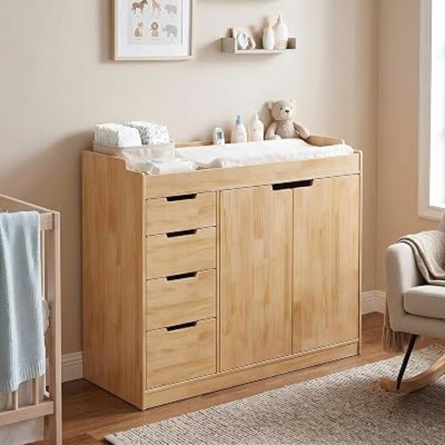 Nursery Dresser with Changing Table Top, 47.2" W Baby Dresser with 4 Drawers & Raised Guard, Solid Wood Infant Diaper Changing Storage Organize Station for Nursery Baby Bedroom, Natural