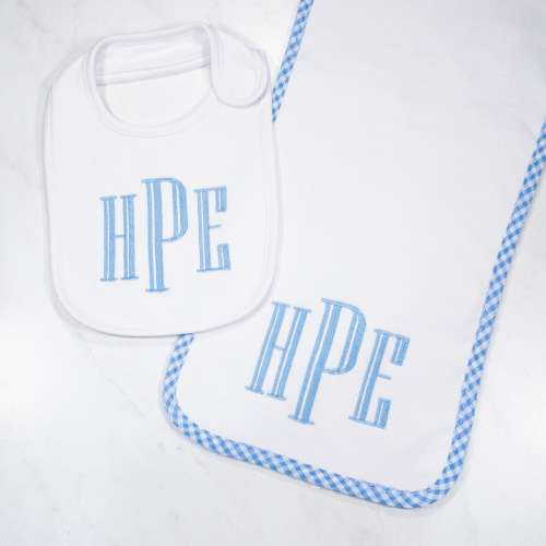 Monogrammed Burp Cloth & Bib Set with blue trim - personalized - baby gift - embroidered - bib - baby boy - newborn - blue