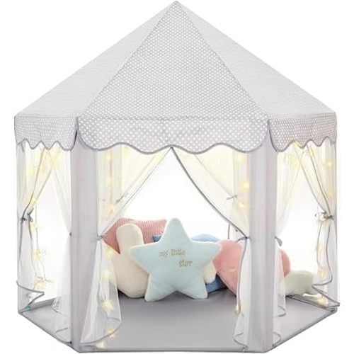 Princess Castle Tent for Girls Fairy Play Tents for Kids Blue Hexagon Playhouse with Fairy Star Lights Toys for Children or Toddlers Indoor or Outdoor Games (Grey Princess Tent)