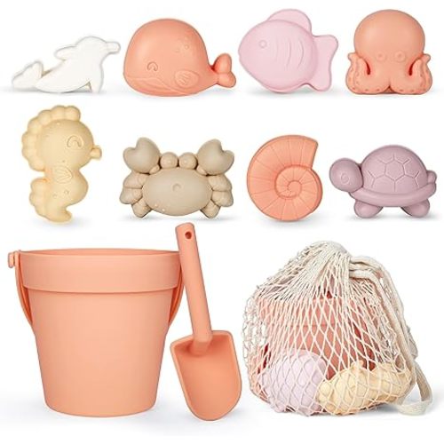 MarcZero 11Pcs Silicone Beach Toys,Modern Baby Beach Toys,Travel Friendly Beach Set,Silicone Bucket, Shovel, 8 Sand Molds, Beach Bag, Sand Toys for Toddlers, Kids (Peach)