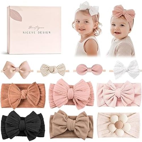 Niceye 10-Style Baby Girl Bows & Headbands Set-Newborn Hair Accessories Gift Box Soft Nylon Non-Slip Bows for Infants 0-24 Months