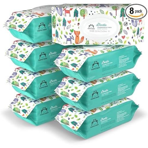Amazon Brand - Mama Bear Gentle Formulated without Fragrance Baby Wipes, Hypoallergenic, Sensitive Skin, Unscented, 800 Count (8 Packs of 100)