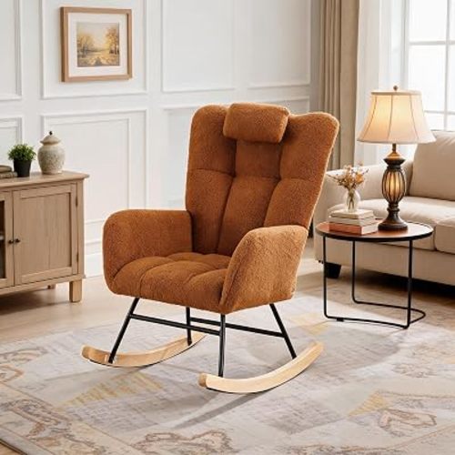 Soft Fleece Nursery Glider Rocking Chair, High Back Upholstered Accent Armchair with Padded Seat & Armrests for Nursing & Reading, Cozy for Living Room/Bedroom - Brown | Soft Fleece