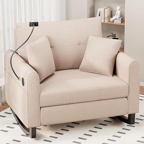 HOMREST Modern Accent Rocking Chair with Phone Holder, Oversized Lounge Chair with High Back, Side Pockets & USB Port, Plush Wide Recliner for Living Room, Bedroom, Home Office, Beige
