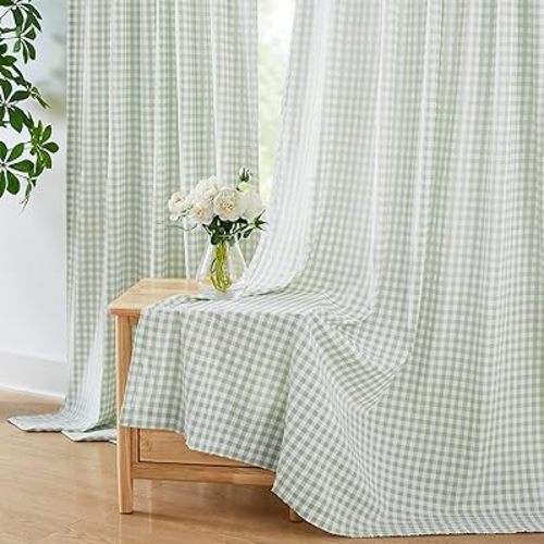 ZJDECOR Buffalo Plaid Curtain Panels 63 Inch,Sage Green White Crinkled Not-See-Through Sheer Drapes for Bedroom Living Room,Cottage Window Treatment,Rod Pocket,Tiebacks Included,52" Wx63 L(Pack of 2)