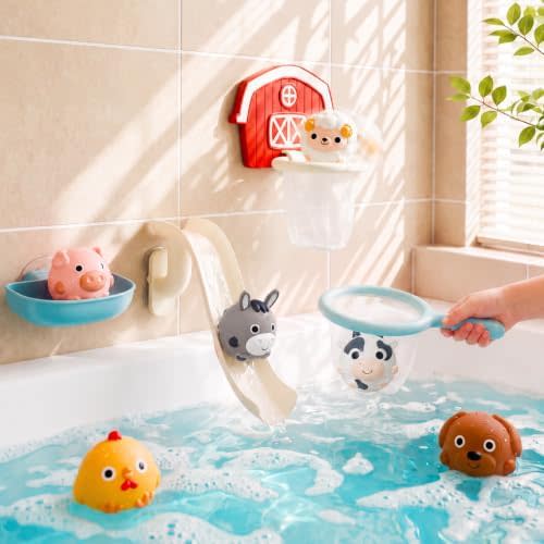 No Hole Bath Toys for Toddlers, Animal Floating Toys with Slide, Hoop & Net