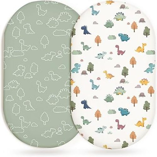 Bassinet Sheets for Baby Girls Boys 2 Pack, Fitted Baby Mattress Sheet for Rectangle, Oval, Hourglass Bassinet Mattress, Breathable Cozy & Universal Fit (Sage Dino, Bassinet Sheet)