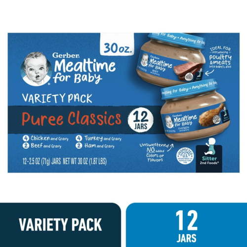 Gerber Stage 2 Baby Food, Chicken, Turkey, Beef,  and Ham all with Gravy, Puree Classics Variety Pack, 2.5 oz glass jar (Pack of 12)