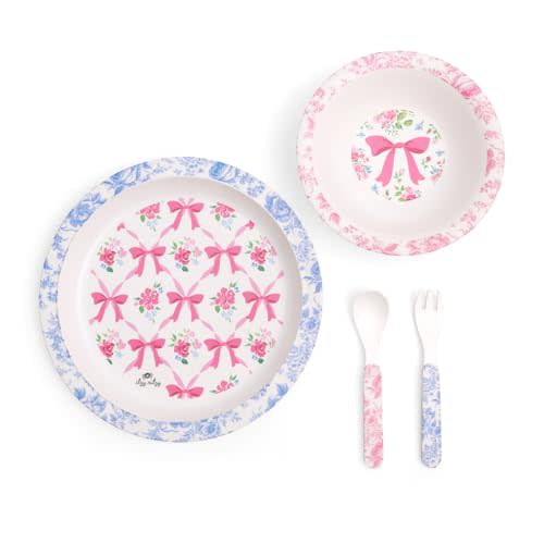 Itzy Ritzy Dining Set - Melamine Plate, Bowl, Fork & Spoon Set, Designed For Ages 6 Months and Up (Ribbons & Roses)