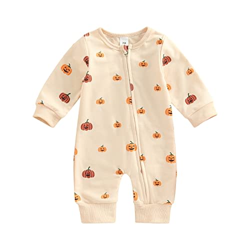 FIOMVA Newborn Baby Girl Boy Halloween Outfit Pumpkin Long Sleeve Romper Onesie Cotton Linen Jumpsuit Fall Winter Clothes