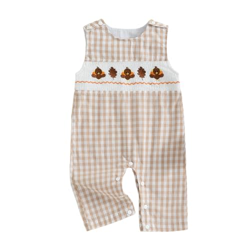 Ostmthufy First Thanksgiving Baby Boy Outfit Sleeveless Jumpsuit Striped Overalls Turkey Smocked Romper Newborn Fall Clothes