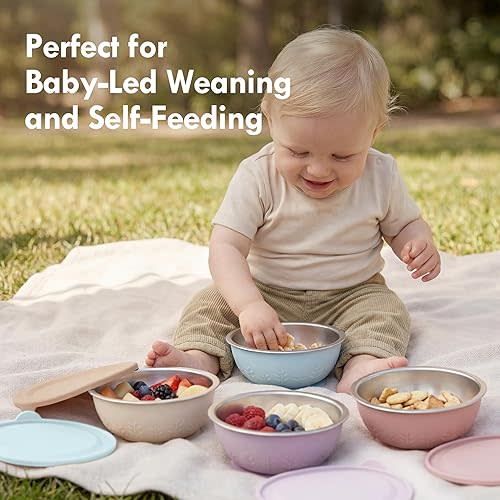 Moonkie Baby Bowls with Suction, Stainless Steel & Silicone Toddler Bowls with Lids, Seamless One-Piece Design Silicone Bowls for Babies 4 Months+, 13oz, BPA-Free, Lead-Free, Dishwasher Safe, 4 Pack