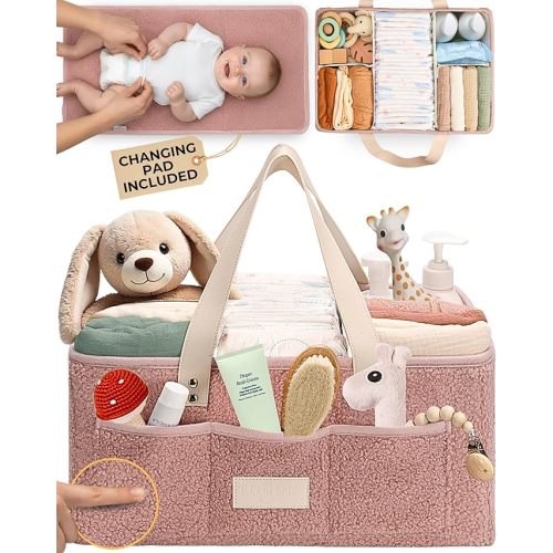 Baby Diaper Caddy Organizer with Portable Changing Mat - Teddy Fleece Diaper Organizer for Changing Table - Basket for Changing Essentials - Baby Essentials Organizer with Removable Dividers