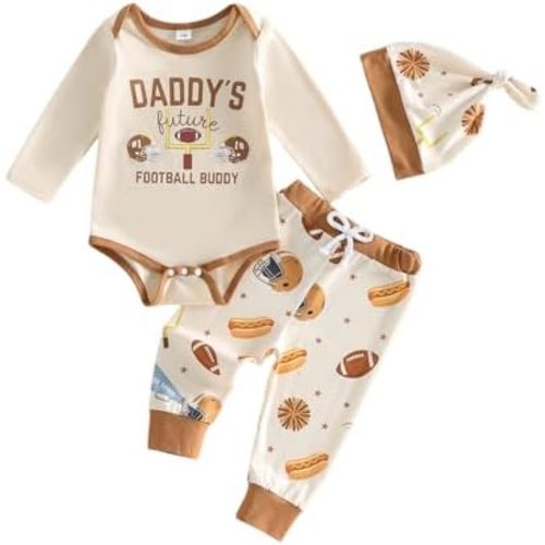 Newborn Baby Boy Football Outfit Daddy's Football Buddy Romper Long Pants Knotted Hat 3-Piece Outfit 0-18 Months
