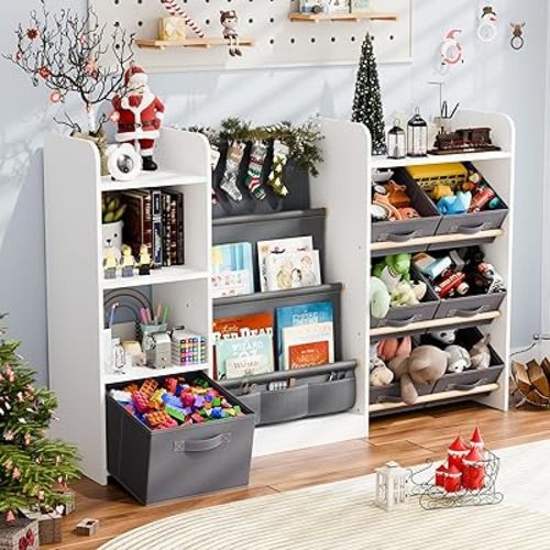 Kids Toy Book Storage Organizer - Large Bookshelf with 7 Removable Bins, Baby Bookshelf and Toy Storage, 4-Tier Book Shelf for Kids Room, Playroom, Classroom, 51 inch, White
