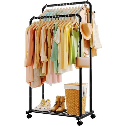 Clothes Rack - Double Rods Clothing Rack with Mesh Shelf, Hooks & Wheels, Metal Clothing Racks for Hanging Clothes & Bags, Multifunctional Garment Rack for Laundry, Black, 28.7" x 16.5" x 59.1"