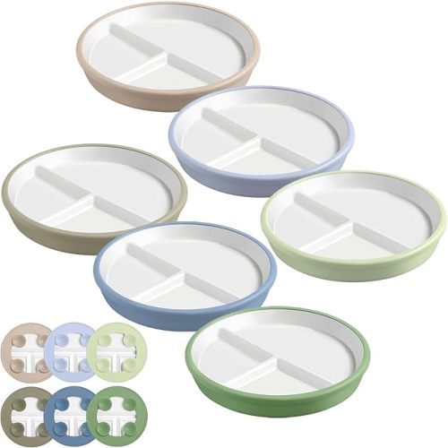 Domensi 4 Pcs 8" Large Porcelain Kids Plates with Anti-slip Silicone Sleeve Ceramic Divided Plate with Suction for Toddler Eating Microwave Dishwasher Friendly (Dark Blue,Dark Green,Gray,Beige)