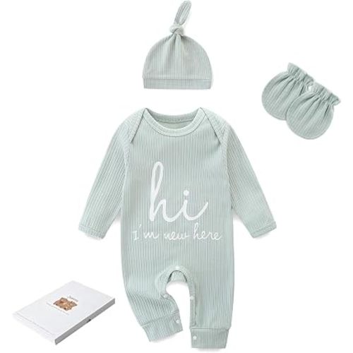 Newborn Girls and Boys Romper, Hi I’m New Here Long Sleeve Cotton Baby Clothes, Coming Home Outfit with Gift Box