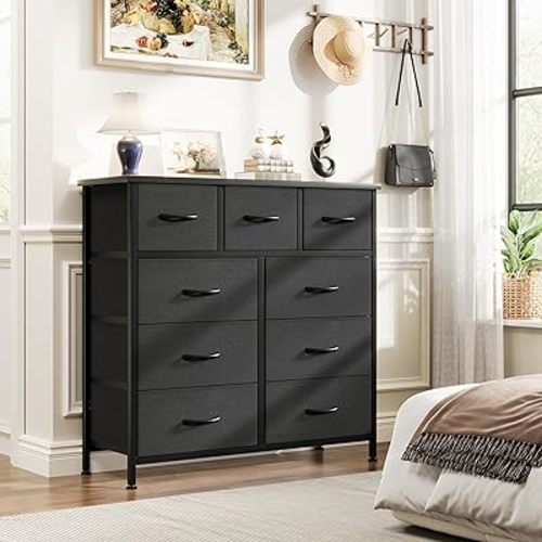 Fabric Dresser for Bedroom with 9 Drawers - Sturdy Steel Frame, Wooden Top & Easy Pull Chest of Drawers with Fabric Bins, Storage Organizer for Closet, Guest Room, Entryway (Black)