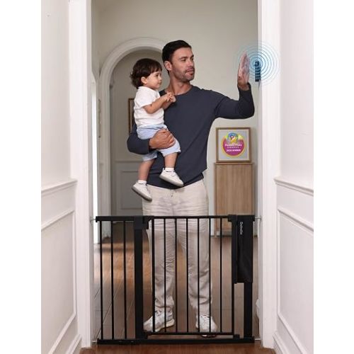 Babelio Smart Baby Gate with Auto-Unlock/Close, Pressure Mounted No Drill for Doorways/Top of Stairs. Pet/Dog Door Wide Walk Thru w/Infrared Sensor & Safety Alert (Black, 26.3-37.8" W, 30" H)