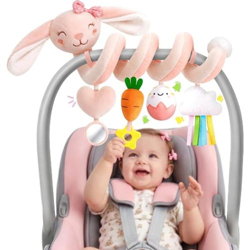 Stuffed Pink Bunny Spiral Car Seat Toys for Babies 0-6 Months, Infant Stroller Toy with Plush Carrot & Star Teether Hanging, Baby Registry Search & Shower Gifts for Newborn Girls