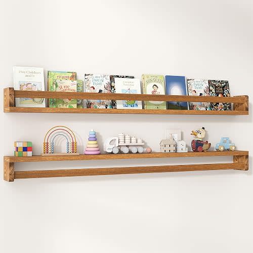 Fun Memories Nursery Book Shelves Set of 2, 48 Inch Solid Wood Wall Book Shelves, Kids Room Floating Shelves Organizer & Toy Storage, Dark Brown Nursery Decor
