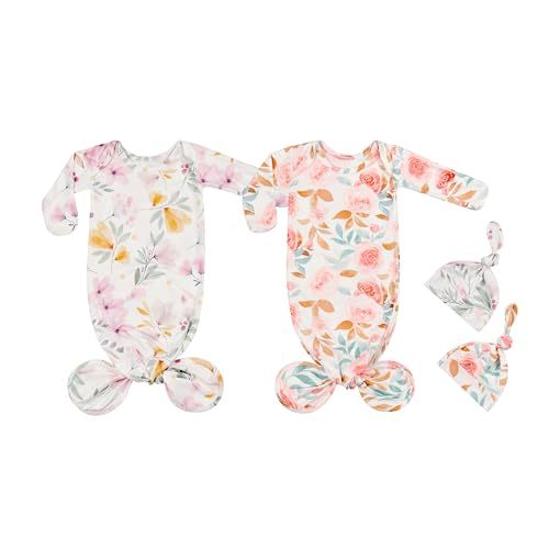 Giggle Angel Newborn Baby Sleeper Gown - Knotted Nightgown Coming Home Outfits for Baby Girl - 2-Piece Set With Hat