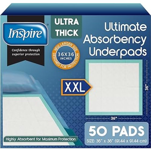 Inspire Extra Large Super Absorbent Disposable Bed Pads for Chronic Incontinence Ultra Thick and Absorbent Bed Pads Disposable Adult | Pee Pads for Adults (36" X 36" Pack of 50)
