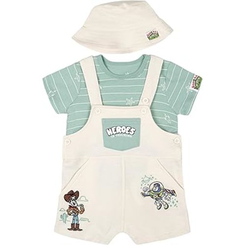 Disney Baby French Terry Short Overalls, T-Shirt and Hat 3 Piece Outfit Set Newborn to Infant Sizes (0-24 Months)