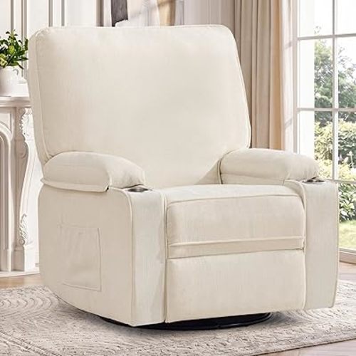 Korser Recliner Chair, 360° Swivel Rocker Recliner for Adults, Overstuffed Nursery Rocking Chairs with Cup Holder, Manual Recliner with Side Pockets, Glider Rocking Chair for Living Room, Chenille