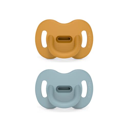 Color Essence SX PRO Silicone Baby Pacifier 2Pk, Made with 100% Soft Silicone, Baby Essentials Perfect for Breastfeeding Babies, Designed in Spain, 0-6 Mths, Mustard/Blue
