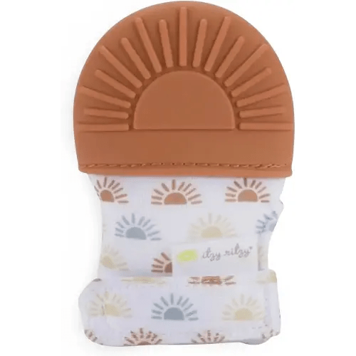 Itzy Ritzy Silicone Teething Mitt - Soothing Infant Teething Mitten with Adjustable Strap, Crinkle Sound & Textured Silicone to Soothe Sore & Swollen Gums - for Ages 3 Months & Up (Terracotta Sun)