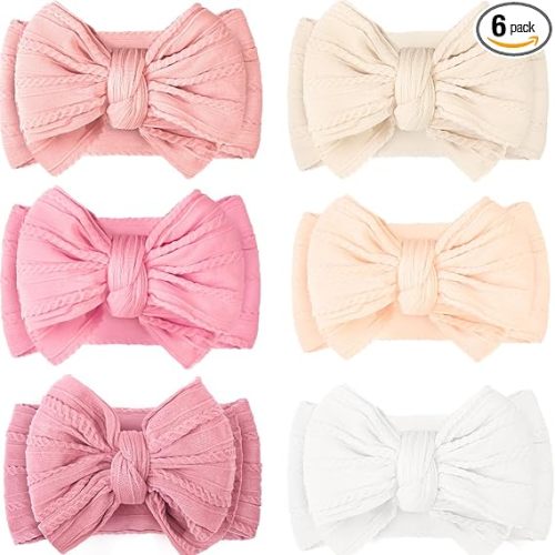 CÉLLOT 6 Pcs Baby Bows Headbands Nylon Hairbands Baby Girl Bows Hair Accessories for Newborn Infant Toddler Essentials (Classic Pink Series)