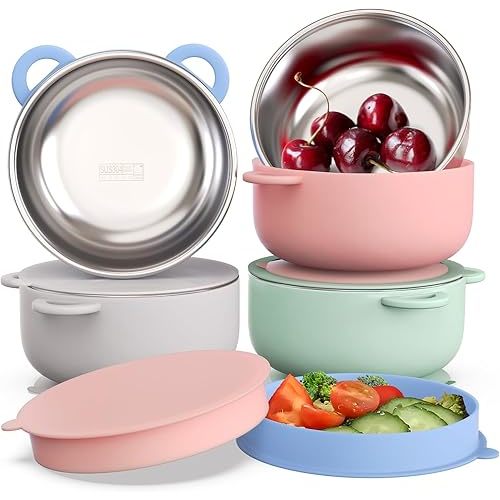 Bakpoco Baby Suction Bowls with Lids 4-Pack, 2-in-1 Stainless Steel 304 Toddler Bowl & Removable Silicone Suction Kids Bowl Plate Set Non Toxic Snack Dishes for Self-Feeding, Sunrise Meadow