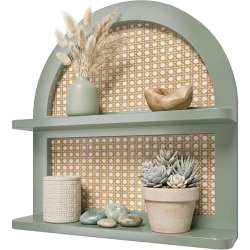 2-Tier Rattan Floating Shelf, Boho Wood Plant Shelf, Green