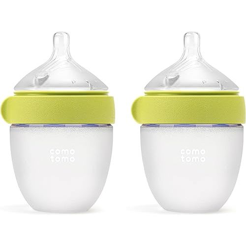 Comotomo Silicone Baby Bottle 2 (5oz) – Baby Bottle Refined – Soft, Wide-Neck Bottle with True Slow-Flow Nipple for Newborn Feeding (0-3 Months) with Dual Anti Colic Vents, Green (Double Pack)