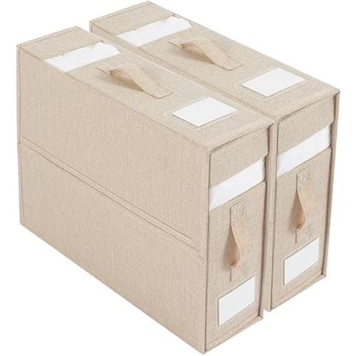 Linen Closet Organizers and Storage for Bedding Thin Blanket, Folding Sheet Storage Organizer with Visible Window (Beige)