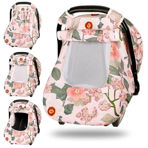 TANOFAR Car Seat Cover Baby, Winter Carseat Cover for Newborn, Infant Car Seat Cover with Windproof and Kick-Proof, Super Warm Plush Fleece Baby Carrier Cover for Infant Boys Girls (Floral)