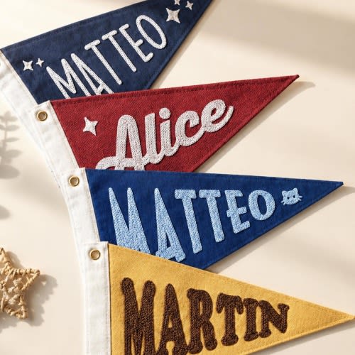 Custom Name Pennant Flag, Personalized Nursery Banner, Embroidered Kids Room Decor, Baby Shower Gift, Vintage Wall Hanging, Baby Name Sign