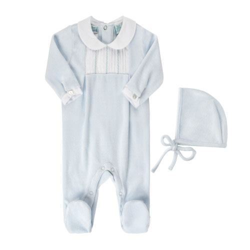 Feather Stitched Velour Romper with Bonnet