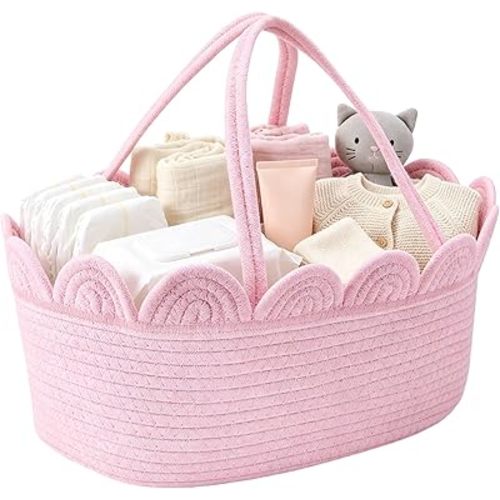 Hushee Pink Diaper Caddy Organizer for Nursery Storage Bin, Scalloped Edge Cotton Rope Basket with Removable Divider, Portable Changing Table Holder for Newborn Essentials and Shower Gifts