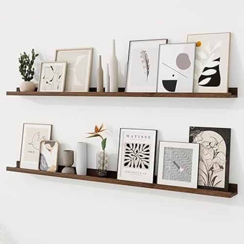 RICHFOCUS Picture Ledge Shelf, 55 inch Floating Shelves Set of 2, Wood Wall Shelves with Lip, Wall Decor Storage for Bedroom Living Room Bathroom Kitchen Nursery Photo Picture, Walnut