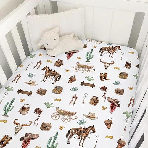 Western Cowboy Baby Crib Sheets 52''x28'' Cowboy Hat Boots Coins Cactus Goat Skull Horse Stretchy Fitted Crib Mattress Sheet for Boy Soft Baby Nursery Bed Sheets for Standard Crib Toddler Mattresses