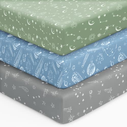 Unnivoll Baby Crib Sheets for Boys Girls, 28x52x8in Fitted Crib Sheet Neutral 3 Pack for Standard Crib and Toddler Mattress, Breathable Soft Microfiber Baby Sheet Green Gray Constellation