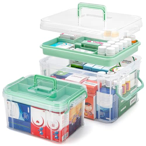 2 Pack Clear Medicine Organizer Storage Box with Handle & Tray - Thickened Plastic Empty First Aid Box, Multipurpose Medical Container with Lids/Labels, Medication Caddy for Home, Baby, Elderly, Dorm